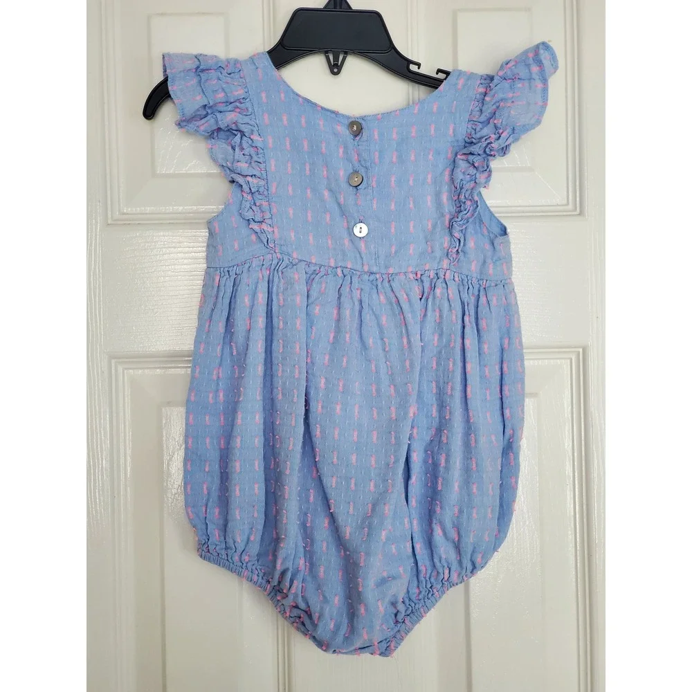 Ella Gray Romper Blue Pink Flutter Sleeve Boho Preppy Summer One Piece 3T